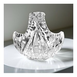 Vintage Clear Hand-Cut Crystal Handled Basket Candy Bowl Dish 6” Oval Starburst